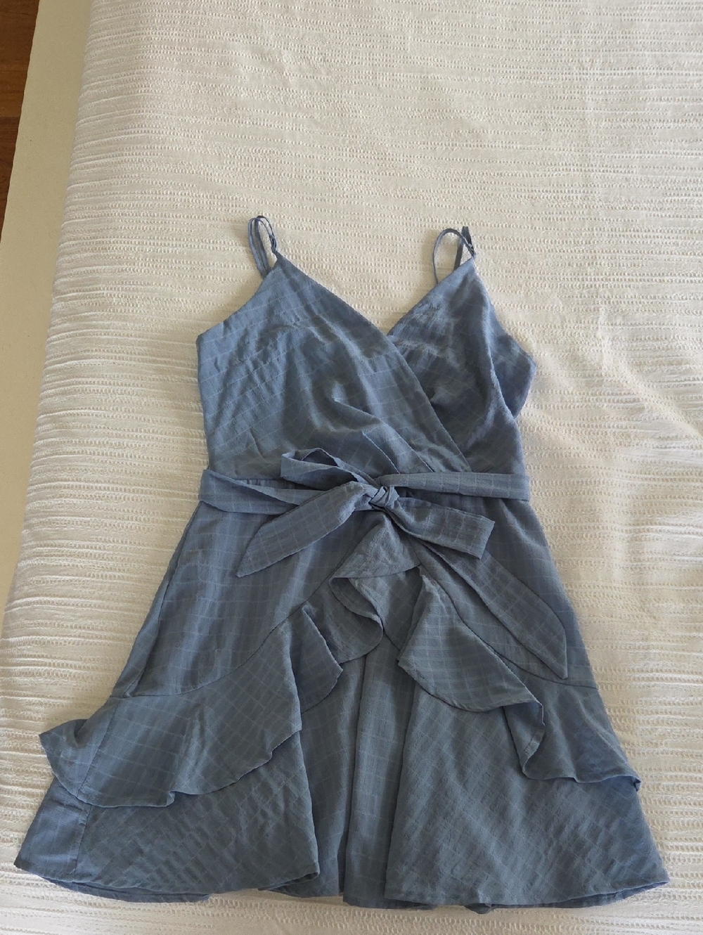 Trixxi Dusty Blue Ruffle Wrap Mini Dress